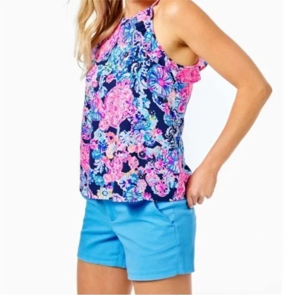 Lilly Pulitzer Billie high tide turtle print Halter Neck tank Top Large Ruffle - Picture 1 of 10